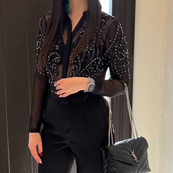 Boutique Paris Beaded Sequin Black Sheer Long Sleeve Body Suit Size Medium/Large - Picture 1 of 16